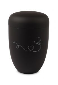 Schwarze Metall-Urne – Herzlinie mit Schmetterling