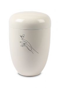 Weiße Metall-Urne – Linie Hand mit Schmetterling